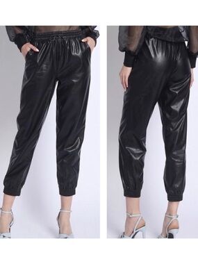 Sans Souci Black Faux Leather Joggers Pull On Elastic Waist Size M